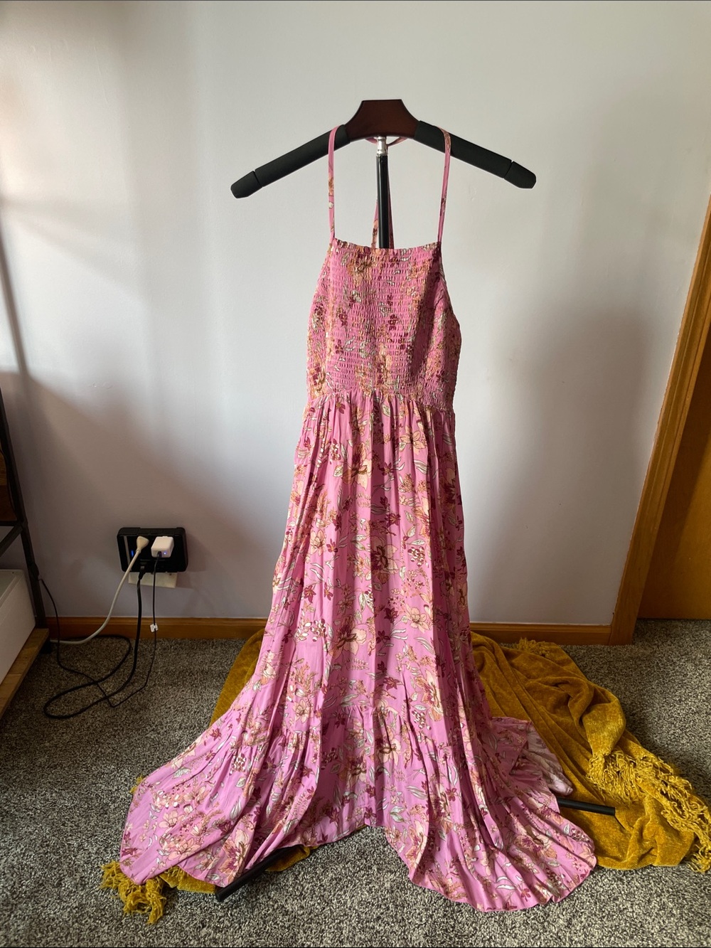 Smocked Bodice Pink Floral Maxi Dress with Adjustable Straps